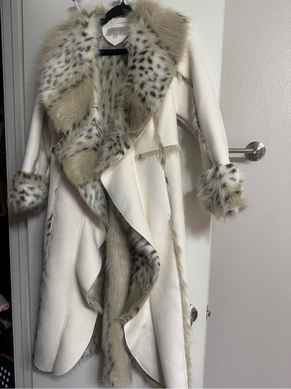 Fabulous Furs Cream Trench Coat with Spotted Faux-Fur Trim